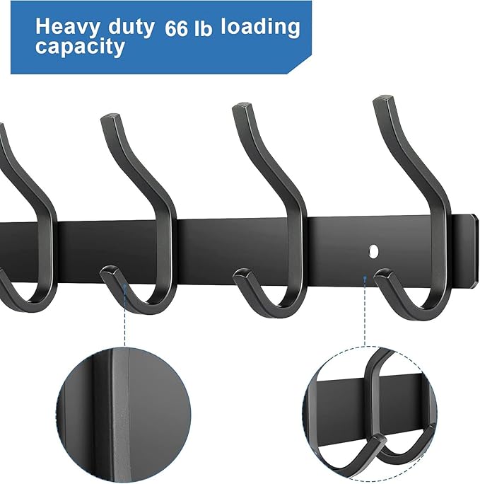 HAMUTH Wall Hooks Heavy Duty, 12 Inch Coat Rack Wall Mount with 4 Hooks, Black Wall Hooks for Entryway, Bathroom - for Hanging Backpack, Bag, Coat, Purse, Hat, Towel, Clothes,2 Packs