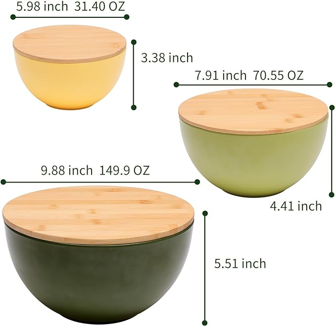 Salad Bowl Set of 3 with Bamboo Lids, Mixing Bowl Set, Nesting Bowls for Space Saving Storage, Made with Durable Eco-Friendly Bamboo Fiber, Great for Prepping and Serving Food (3 Colors)