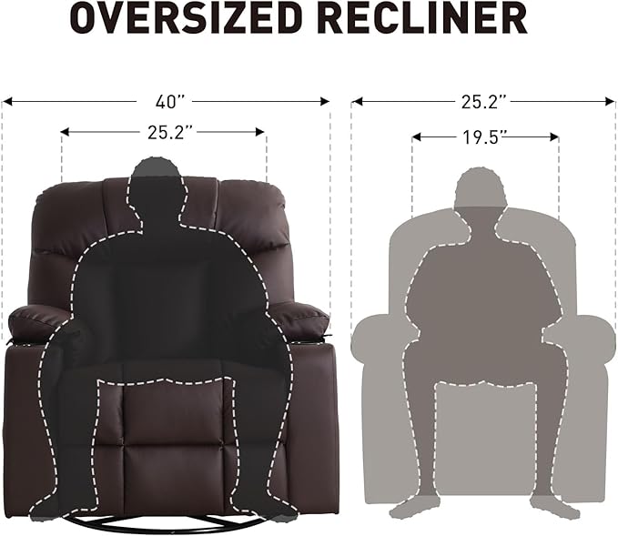 Bonzy Home Oversized Swivel Rocker Recliner, 40" Rocking Chair with Heating and Massage, PU Leather Single Sofa with 360° Swivel, 2 Cup Holders for Living Room Bedroom, Brown