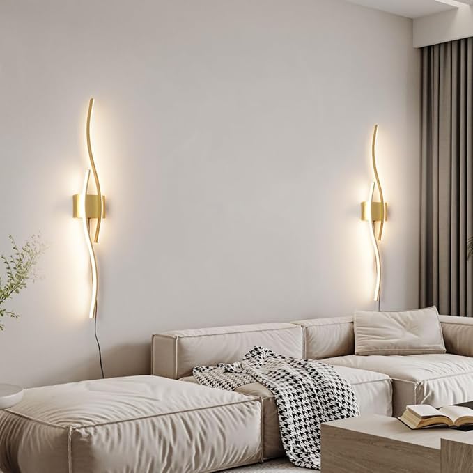 Modern Gold Plug in Wall Sconces Set of Two, RC Dimmable LED Plug in Wall Light, Wall Lamps with Plug in Cord for TV Wall Sconces, Gold Sconce Wall Lighting for Living Room, Hallway, Bedroom