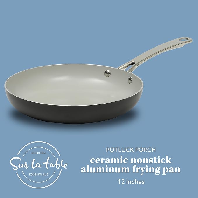 Sur La Table Kitchen Essentials Potluck Porch 12 Inch Deep Frying Pan Skillet Aluminum PFA Free Ceramic Cookware Chef's Pan, Omelet Pan - Induction - Black