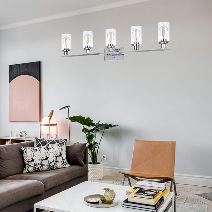 MELUCEE Modern Vanity Lights for Bathroom 5 Lights Chrome Finish with Clear Glass Shade, Contemporary Metal Wall Light Fixtures for Dressing Table Mirror Cabinets (Patent No.: US D963914 S)