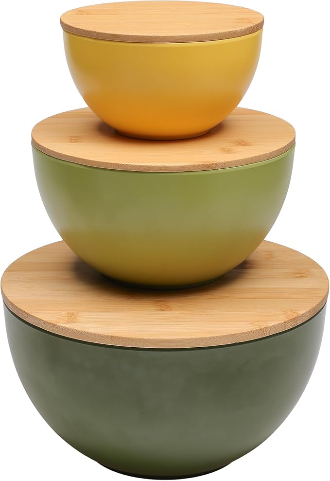 Salad Bowl Set of 3 with Bamboo Lids, Mixing Bowl Set, Nesting Bowls for Space Saving Storage, Made with Durable Eco-Friendly Bamboo Fiber, Great for Prepping and Serving Food (3 Colors)