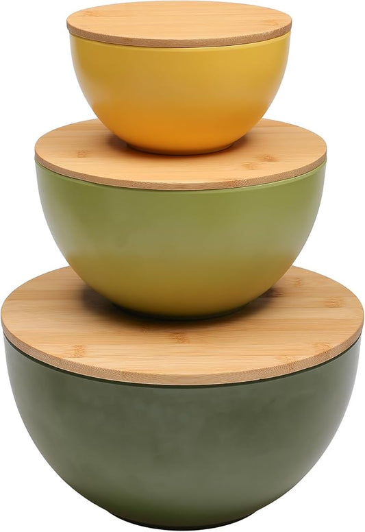 Salad Bowl Set of 3 with Bamboo Lids, Mixing Bowl Set, Nesting Bowls for Space Saving Storage, Made with Durable Eco-Friendly Bamboo Fiber, Great for Prepping and Serving Food (3 Colors)