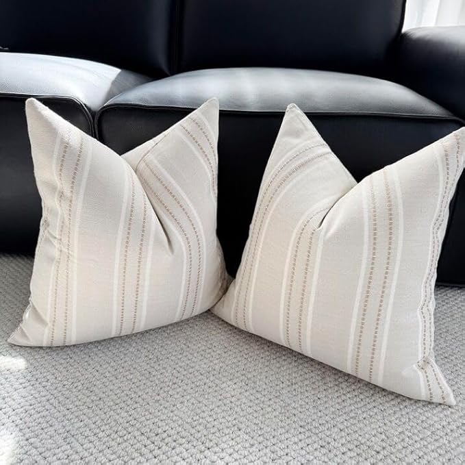 Hckot Hand Made Decorative Khaki Pillow Covers 18x18 Striped Throw Pillows Textured Linen Pillow Covers Farmhouse Decor Cushion Covers for Couch Bed Living Room, Khaki