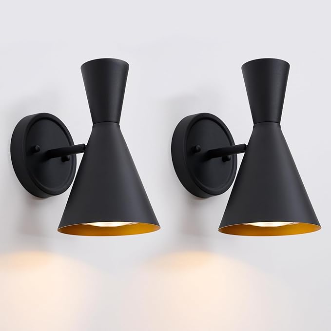 HEQIQEH Modern Battery Powered Adjustable Wall Sconces Light Set of 2 with Flared Funnel Metal Shade, 13 RGB Remote Control Dimmable Wall Mounted Lamp for Galleries, Hallway, Bedroom, Hotels