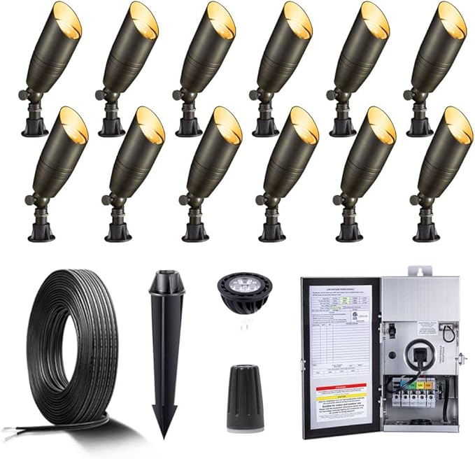 Solid Brass 12V LED Landscape Lighting Kit (12 Pack Spotlights) with 300W Low Voltage Transformer and Mechanical Timer and 250 Feet Wire and 50Pack Connectors for Outdoor Garden Patio