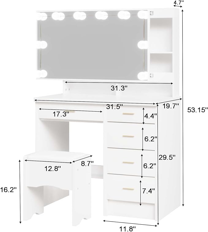 Vanity Desk with Mirror and Lights, Modern Makeup Vanity with Sliding Mirror and 10 LED Light Bulbs, Makeup Vanity Set with 5 Drawers, Hidden and Open Storage Shelves, Vanity Table for Bedroom, White