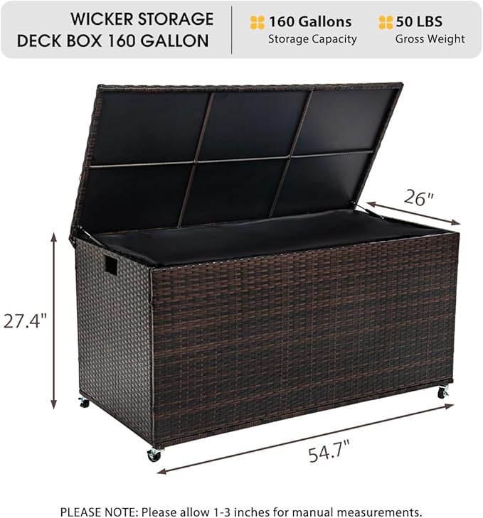 Outdoor 170 Gallon Water-Resistant Wicker Storage Box with Wheels, PE Rattan Deck Box with Waterproof Liner for Outside, Patio Storage Container with Hinged Lid, Horizontal Bin, Brown