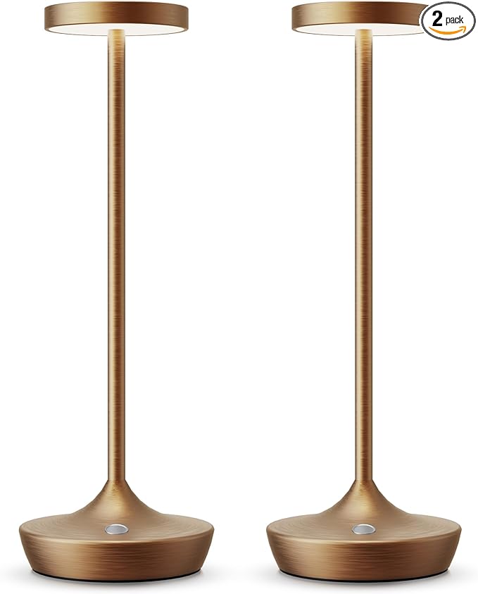 2 Pack Cordless Table Lamps, Battery Operated LED Desk Lamp, 3-Color Stepless Dimming, Portable & Waterproof, for Restaurants, Bedrooms, Bars, Outdoor Parties, Camping, and Cafes (2Pack Bronze)
