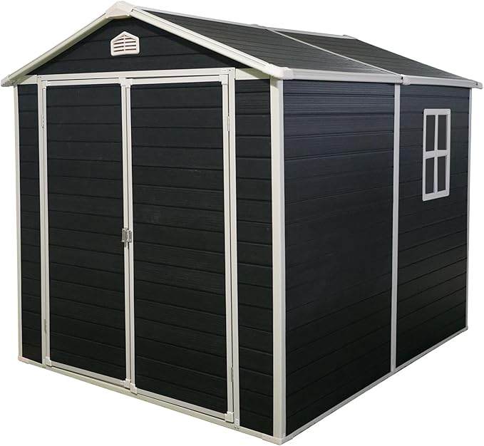 6x8 FT Outdoor Storage Shed, Resin Garden Shed with Thick Floor, Plastic Storage Shed with Window, Waterproof Outside Tool Shed with Lockable Hinged Doors for Backyard, Patio, Lawn, Black