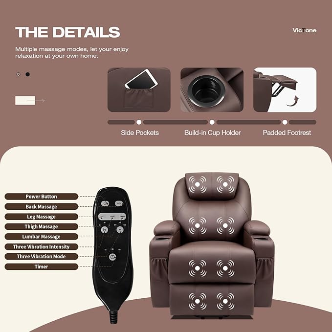 VICTONE Electric Power Lift Recliner Chair for Elderly Reclining Sofa for Living Room with Massage, Side Pockets and Cup Holders (Leather, Brown)