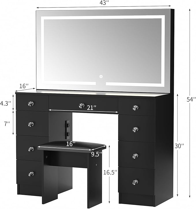 VOWNER Vanity with Lighted Mirror - Makeup Vanity Desk with Power Outlet and 9 Drawers, 3 Color Lighting Modes Adjustable Brightness, 43" Vanity Table with Soft Cushioned Stool for Bedroom, Black