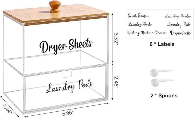 Acrylic Laundry Pods Contianer and Dryer Sheet Holder Set with Bamboo Lid, Dishwasher Pods Container, Laundry Pods Holder, Laundry Soap Organizer, Laundry Room Organization and Storage