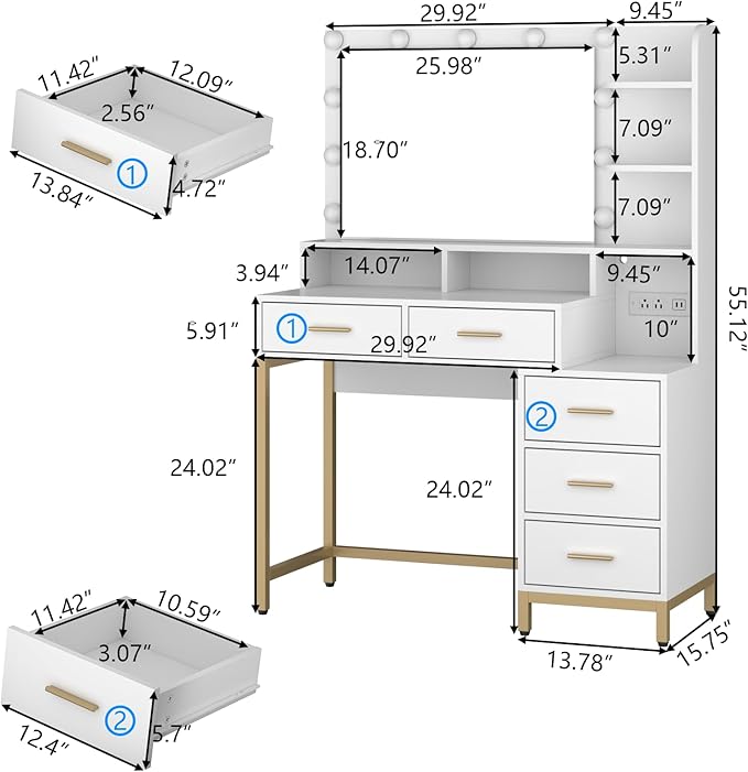 Loomie Vanity Desk with Lighted Mirror & Power Outlet, Makeup Table with 5 Drawers, Two Cubby & Shelf, Vanity Dresser with 11 Lights in 3 Lighting Colors for Bathroom, Bedroom,Makeup Room,White