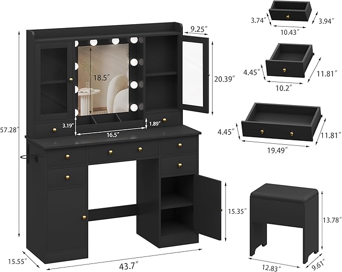 Vanity Desk with Mirror and Lights, Black Vanity Mirror with Lights Desk and Chair & Charging Station, Makeup Vanity with Lighted Mirror for Women Bedroom 3 Color Modes Adjustable