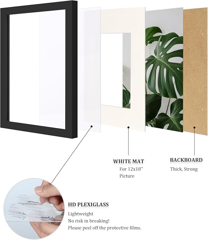 Egofine 16x24 Solid Wood Picture Frame, Made of Solid Wood Covered by Plexiglass 12x18 with Mat 16x24 without Mat, Poster Frame for Wall Mounting Hanging Photo Frame Vertically or Horizontally, Black