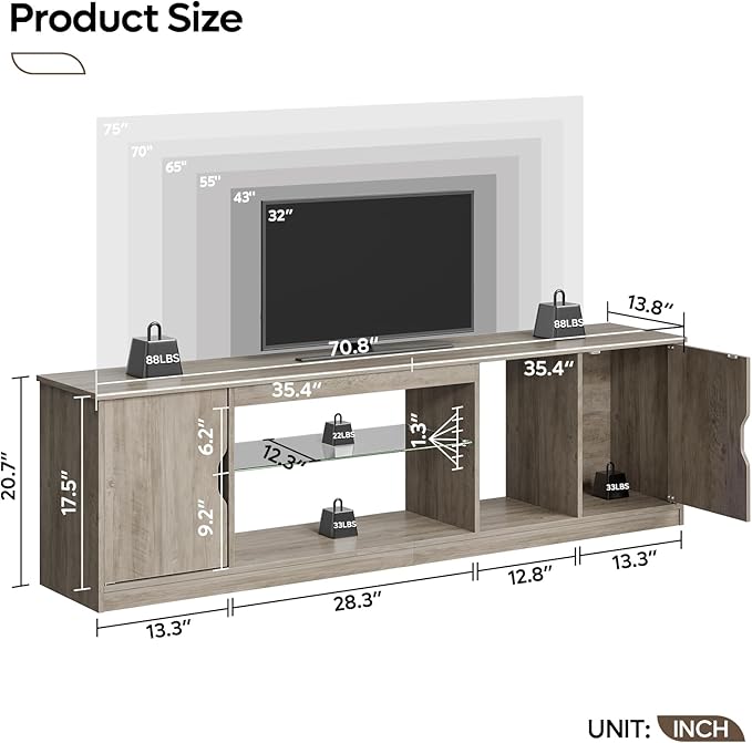 Bestier LED TV Stand for TVs up to 80 Inches, 70 Inch Entertainment Center with Adjustable Glass Shelves & Storage Cabinet for PS5 Xbox, Modern Media Console for Living Room & Bedroom, Washed Gray