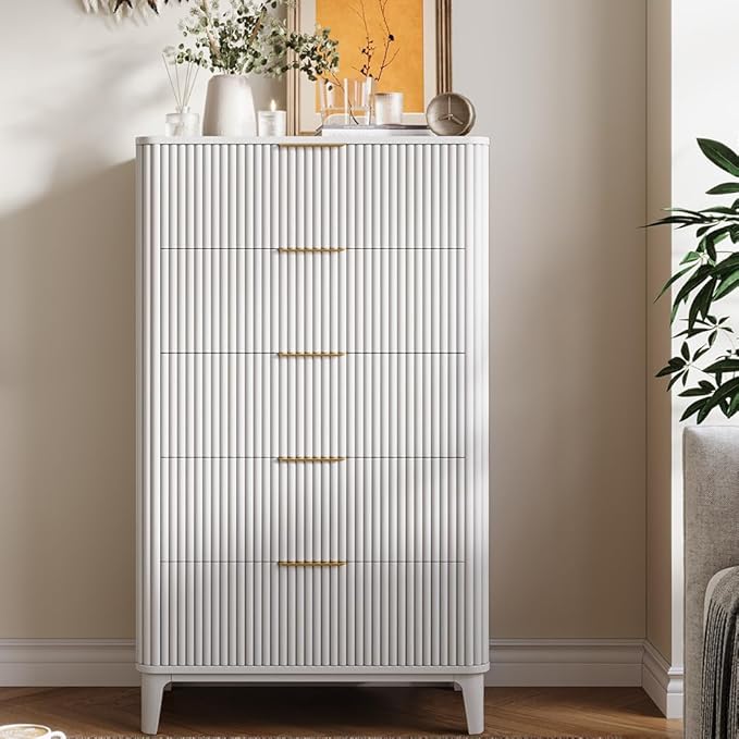 Fluted Dresser for Bedroom with 5 Drawers Set of 2, 45" Large Closet Clothes Wood Tall Dresser Storage Organizer, Mid Century Modern Chest of Drawers with Deep Storage White