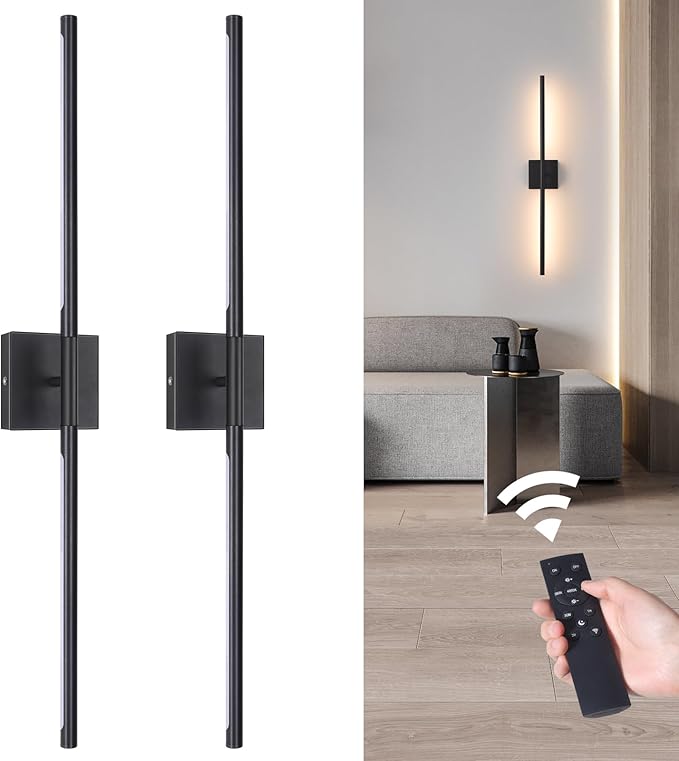 Battery Operated Wall Sconce Set of 2, 10400mAh Rechargeable Wall Lights, 3000K-6000K Dimmable, 350°Rotate, Indoor Wall Sconces with Remote for Bedroom Living Room Bathroom, Black, 31.5 Inch