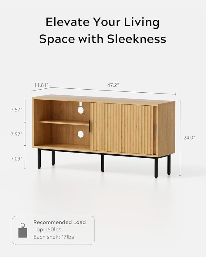 Fluted Tv Stand with Sliding Doors, 47" Modern Entertainment Center with Adjustable Shelves, Wood Media Console with Storage for Living Room, Natural Oak