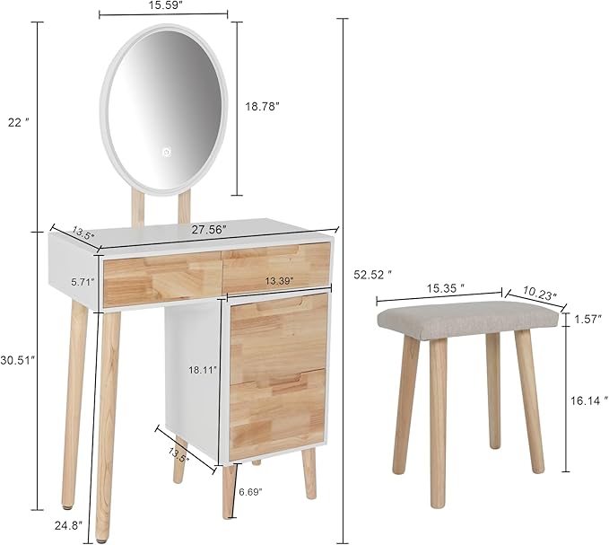 YOURLITE Makeup Vanity Desk with Lights, Small Vanity with 4 Drawers for Small Spaces, Dressing Table Set 3 Colors Adjustable Lighting Brightness Mirror