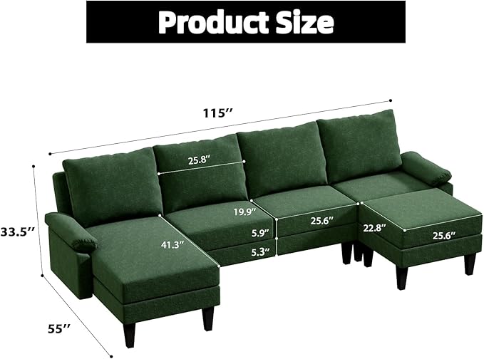 110 Inch U Shaped Sectional Couch with Storage Space, 6-Seat Sofa with Moveable Ottoman, Modern Modular Sofa for Living Room, Apartment, Green