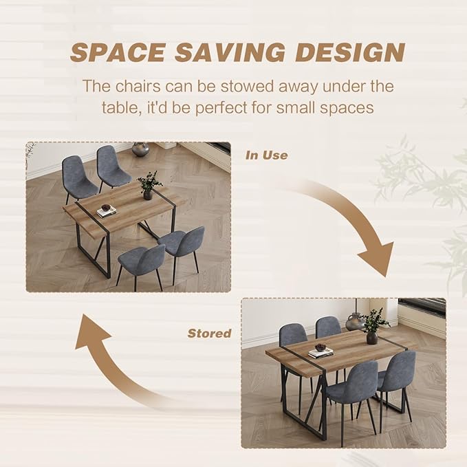 4 Chair Dining Table Set，Dinner Table Set for 4，55'' Kitchen Table and Suede Nap Fabic Chairs Set of 4, 5 Piece Dining Table Set for Kitchen Dining Room