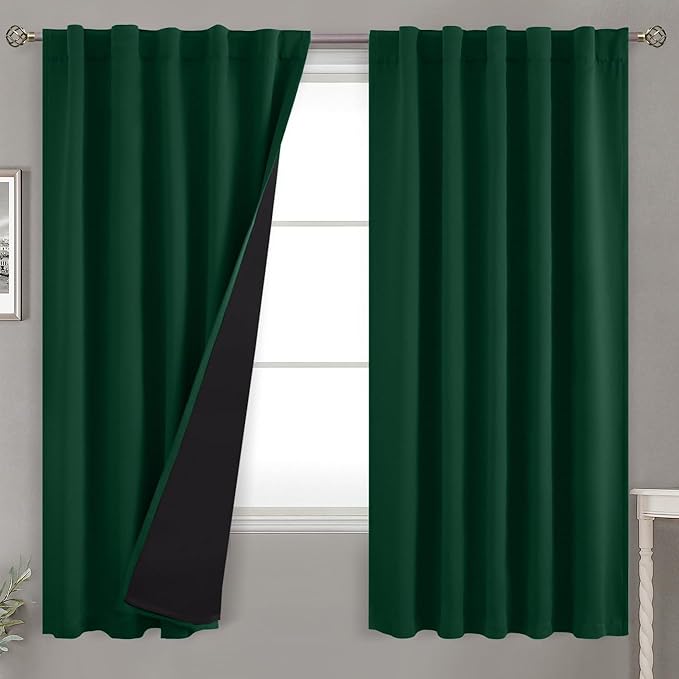 BGment 100% Thermal Insulated Blackout Curtains 63 Inches Long with Liner, Rod Pocket and Back Tab Double Layer Noise Reduce Room Darkening Curtains for Bedroom (42 x 63 Inch, 2 Panels, Emerald)