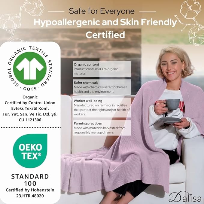 Dalisa 100% Organic Turkish Cotton Throw Blanket - GOTS Certified, Cozy - Perfect for Couch, Bed, and Home Decor - Boho Vintage Knit Alina (Lavender Frost, 60x80)