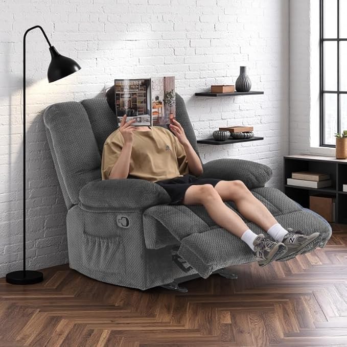 Oversized Rocker Recliner Chair, Wide Rocker Chair with Adjustable Backrest Footrest, Oversized Recliner for Adults, Cashmere Reclining Sofa for Living Room, Grey