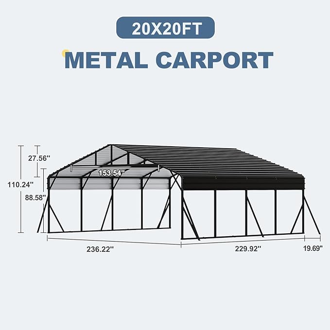 20x20 FT Metal Carport, Garage with Updated Frame Structure, Galvanized Steel Roof and Enhanced Base Canopy, Metal Garage Car Shelter Shade for Car, Boats and Truck