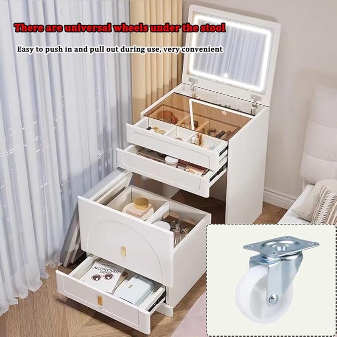Compact Vanity Desk with Mirror, 3 in 1, Corner, Small Makeup with Stool, Flip Over Vanity Desk with Four Storage Areas and LED Mirror Light (White, 23.6in)