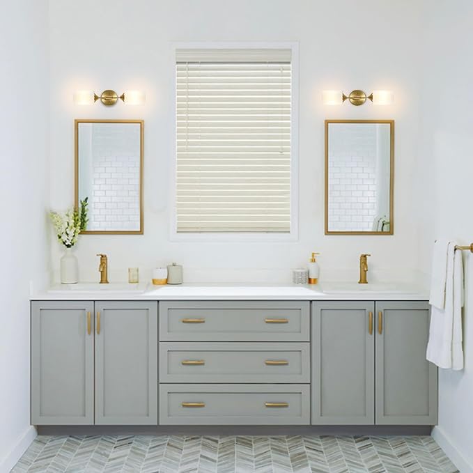 2-Lights Gold Wall Sconce with White Cylinder Glass Shades Modern Mid Century Bathroom Vanity Wall Light Fixtures Industrial Brushed Brass Wall Lamp for Bedroom Mirror Living Room Restaurant