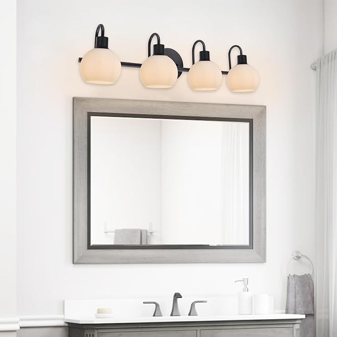 4-Light Vanity Light Fixtures, Black Bathroom Lighting Fixtures with Milk White Globe Glass Shade, Wall Mounted Lamp for Kitchen Over Mirror Bath Living Room