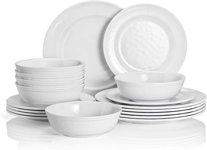 TP 18-Piece Dinnerware Set, Melamine Dishes Set with Bowls and Plates, Service for 6, Non-breakable Lightweight Dining Tableware, White