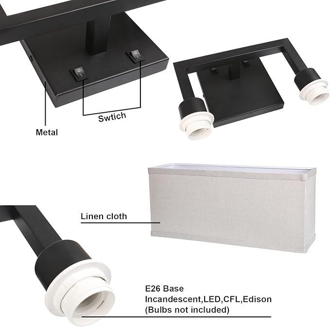 Yosoan Linen Fabric Boho Wall Sconce Bedside Light with On Off Switch, 2-Light Finished Hardwired Vintage Industrial Dual Wall Mount Lamp Lighting Square Shade for Bedroom Living Room Stairwell(Black)