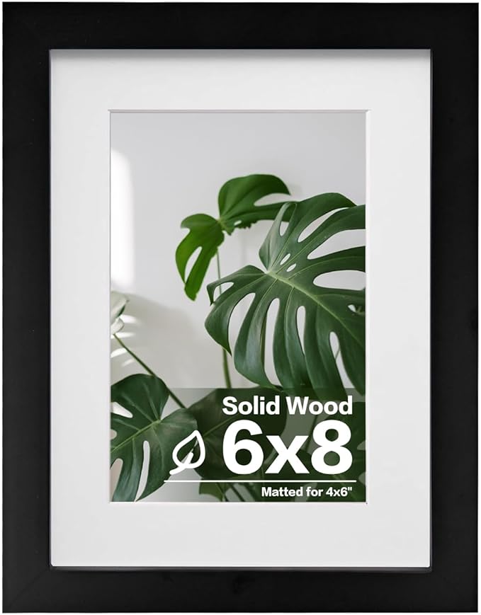 Egofine 6x8 Picture Frame Made of Solid Wood Covered by Plexiglass, Display Pictures 4x6 with Mat or 6x8 Without Mat for Table Top Display and Wall Mounting Photo Frame, Black
