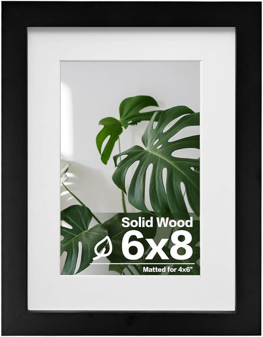 Egofine 6x8 Picture Frame Made of Solid Wood Covered by Plexiglass, Display Pictures 4x6 with Mat or 6x8 Without Mat for Table Top Display and Wall Mounting Photo Frame, Black