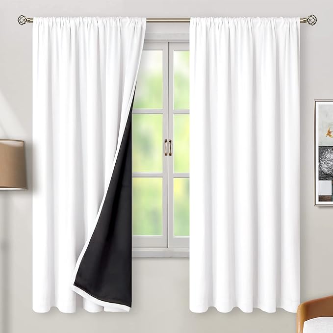 BGment Pure White 100% Blackout Curtains with Black Liner, Rod Pocket and Back Tab Double Layer Full Room Darkening Window Thermal Curtains for Bedroom, 2 Panels, Each 52 x 72 Inch