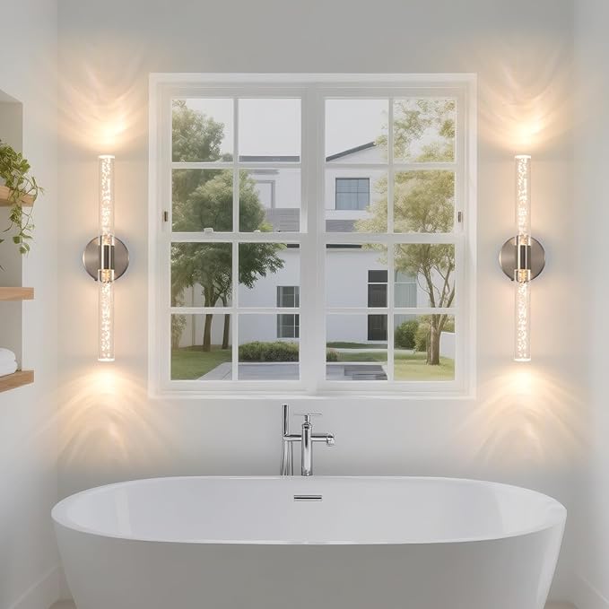 Modern LED Battery Operated Wall Sconces Set of Two, Dimmable Bathroom Crystal Wall Sconce, USB Rechargeable Brushed Nickel Vanity Wall Lamp, Bubble Wall Lights For Bedroom, Living Room. 20-Inch