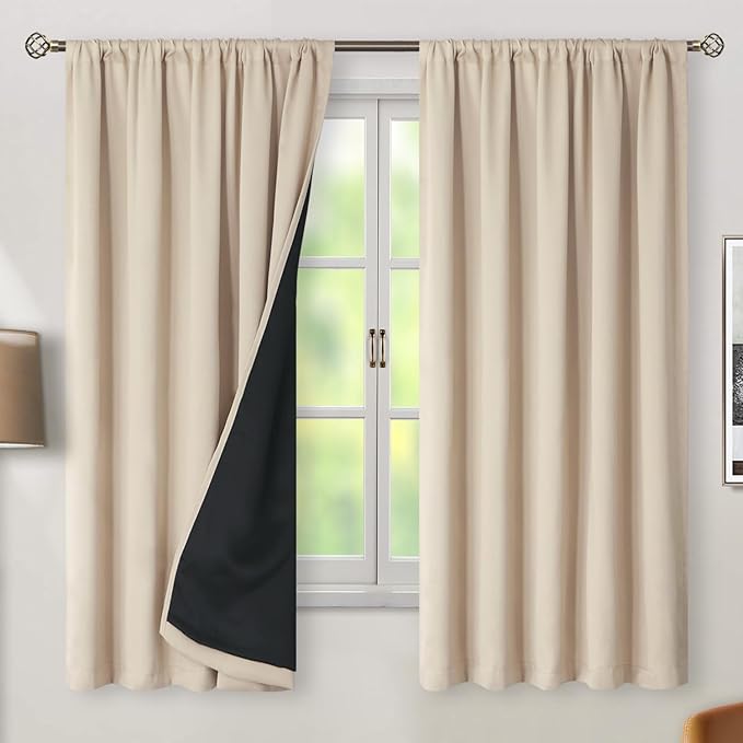 BGment Champagne Blackout Curtains with Thermal Insulation Liner，100% Blackout Curtains 63 Inch Length Room Darkening Rod Pocket and Back Tab Window Curtain for Bedroom(Each 52 x 63 Inch, 2 Panels)