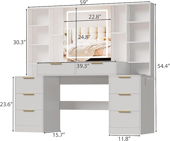 Large Makeup Vanity Desk with Lighted Mirror & Power Outlet,Dresser Table with 3 Lighting Modes Brightness Adjustable,Drawers,Shelves,Hair Dryer Stand for Bedroom,White (No Stool)