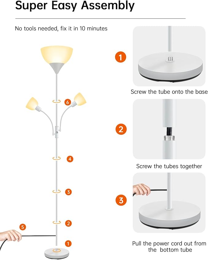 Floor Lamp Torchiere, Standing Lamp, 71" Tall Floor Lamps with Reading Light, 2700K LED Beads, 50,000hrs Lifespan, Rotary Switch, Plastic Lampshade, Bright Torch Lamps for Living Room Bedroom, White