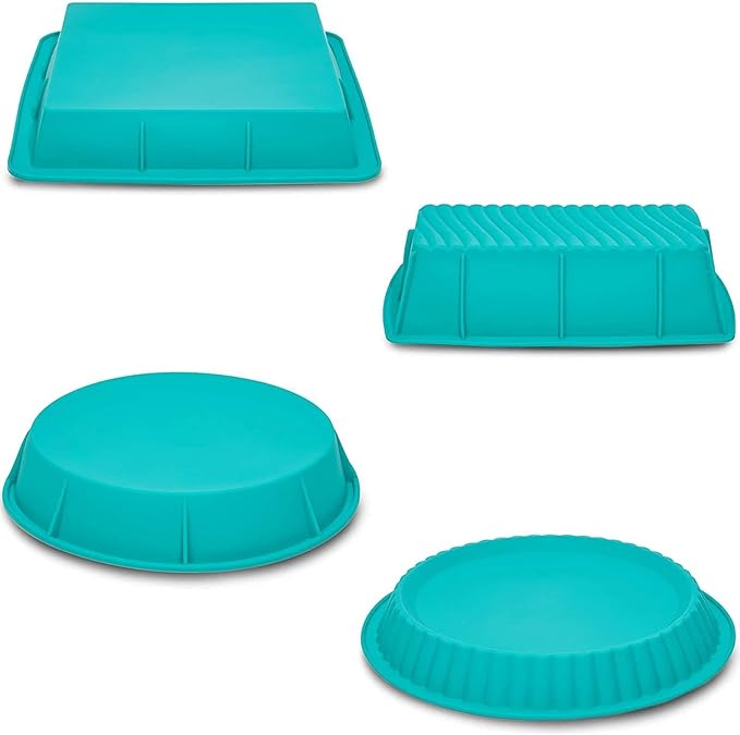 Juvale Silicone Baking Pans Set - 4-Piece Teal Set: Square, Rectangular, Round Cake & Pie - Nonstick Flexible Silicone Bakeware, Oven & Microwave Safe