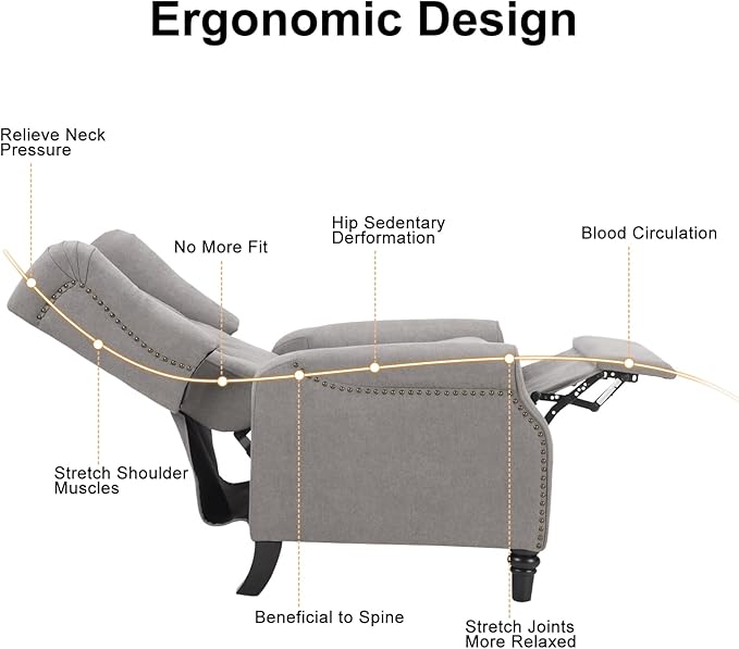 EBELLO 2 Pcs Pushback Recliner Chairs, Fabric Armchair Push Back Recliner with Rivet Decoration, Single Sofa Accent Chair for Living Room, Bedroom, Grey