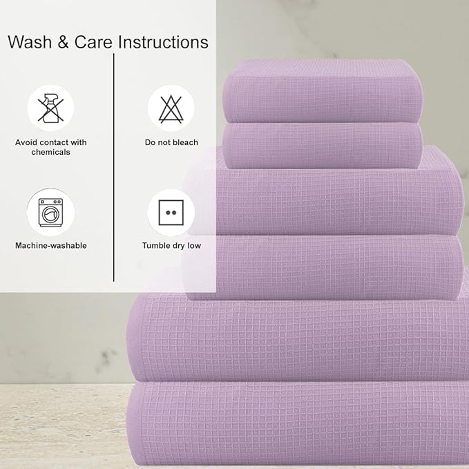 CASA COPENHAGEN Waffle Towel, 6Pieces 100% Cotton Large Towel Set- Purple Rose, 2Bath 2Hand 2Washcloths Instant Absorb and Dry, Soft Strong Towels for Hotel Spa Kitchen Bathroom & Shower