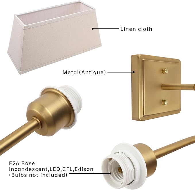 Vintage 2-Lights Wall Sconces with Linen Fabric Lampshade, Double Head Bathroom Vanity Lights Fixture in Antique Brass, Indoor Wall Lamps for Bedroom Living Room Hallway Stairway