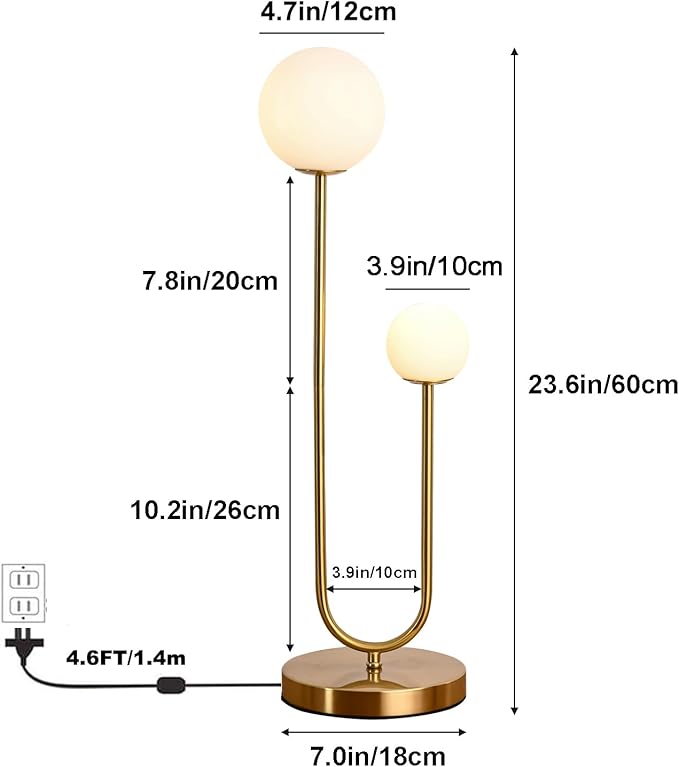 Mid Century Gold Globe Table Lamp Modern U-Shape 2-Light Desk Table Light with Milk White Glass Shade Metal Base Nightstand Lamp for Bedroom Bedside,G9 Bulb(Not Included)