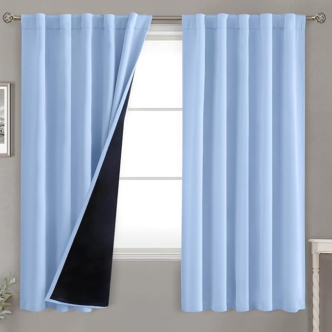 BGment Full Blackout Curtains with Thermal Insulation Liner Curtains 63 Inches Long, Rod Pocket and Back Tab Double Layer Room Darkening Window Curtain for Bedroom(42 x 63 Inch, 2 Panels, Light Blue)